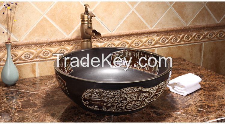 Jingdezhen Gucheng Hotel Modern Luxury Artistic Counter Bathroom Round Ceramic Vessel Sink Art Basin