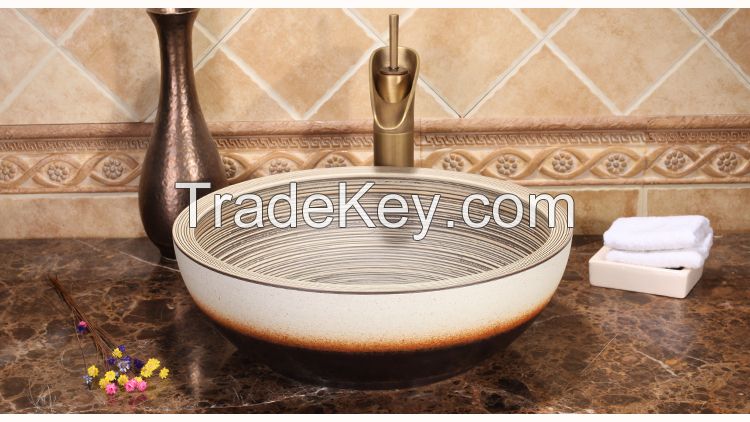 Jingdezhen Gucheng Handmade Above Counter Top Without Faucet Artistic Bathroom Round Ceramic Vessel Sink Art Basin