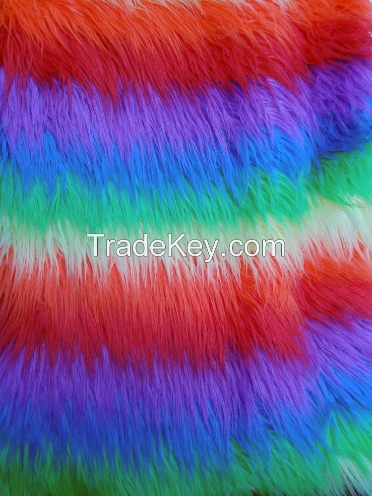 Rainbow Long Pile Fabrics Colourful Jacquard Faux Fur