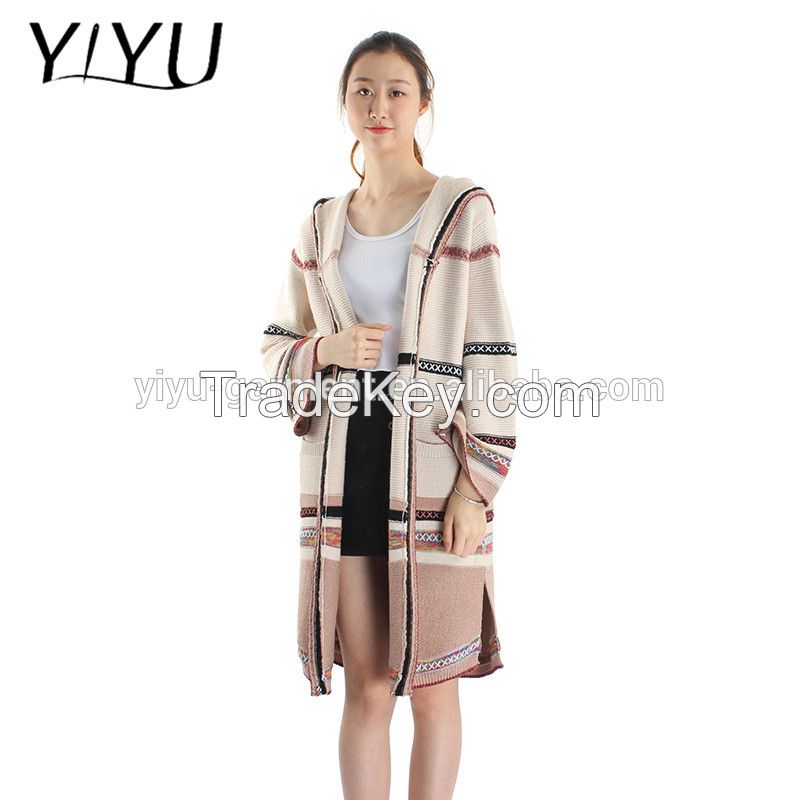 spring women's Slouchy color block long knitted  cardigan sweater