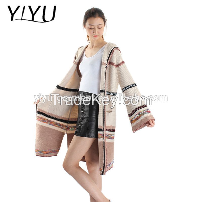 spring women's Slouchy color block long knitted  cardigan sweater