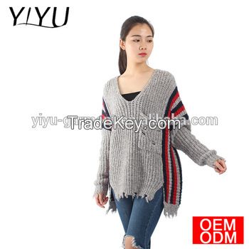 Winter women loose chunky tassel Stripe Color Block knit Sweater