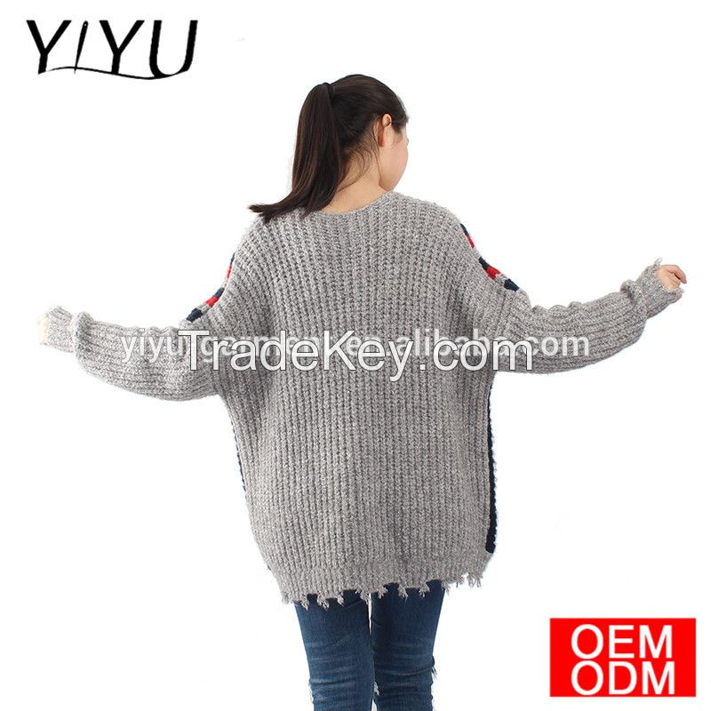 Winter women loose chunky tassel Stripe Color Block knit Sweater