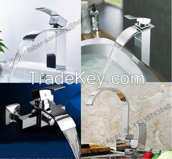 china wholesla brass basin waterfall faucet for bathroom, brass square waterfall wash basin faucet, bathroom square faucet