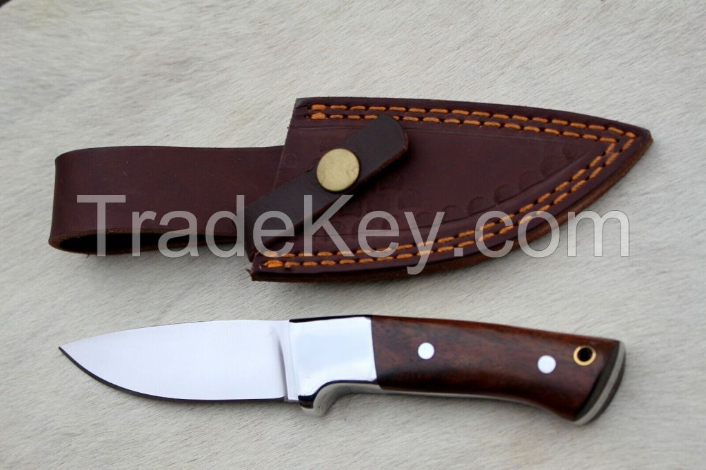 custom handmade d2 tool steel hunting/camping knife with rose wood handle with leather sheath