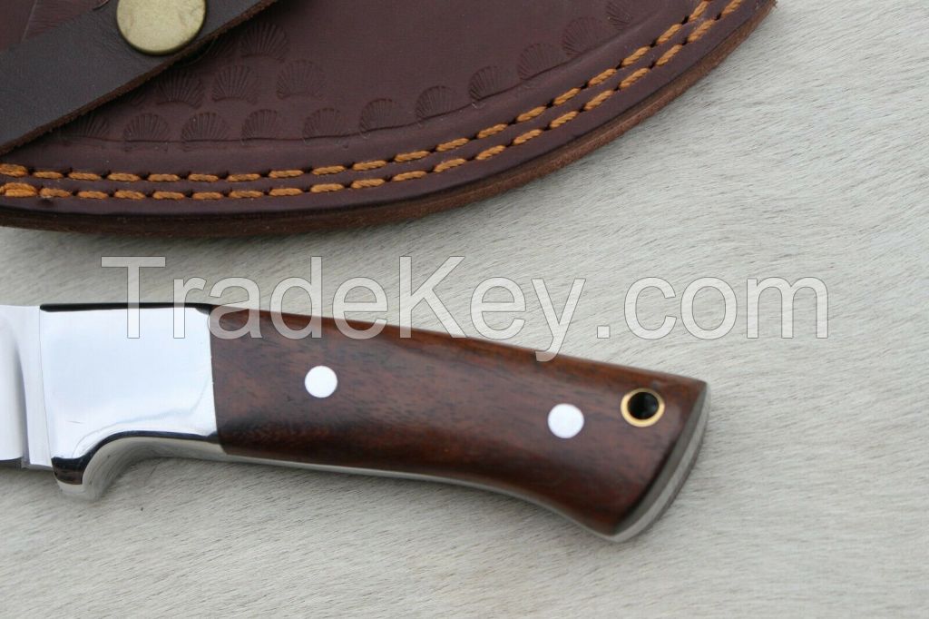 custom handmade d2 tool steel hunting/camping knife with rose wood handle with leather sheath