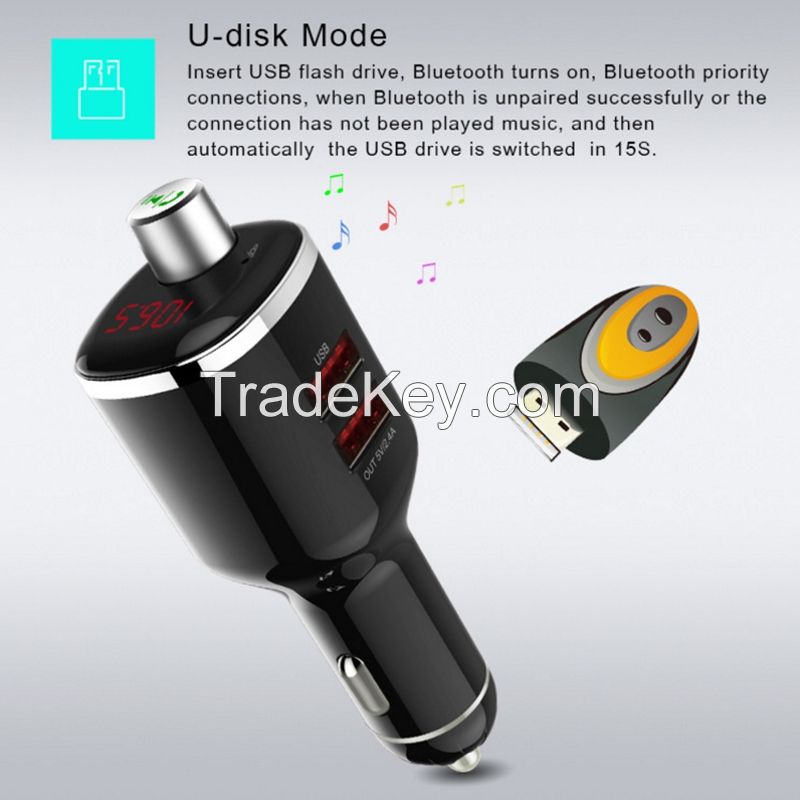 3 in 1 bluetooth carkit 2 USB car charger bluetooth 4.0 with FM transmitter , handsfree calling, multi-function car charger support TF card