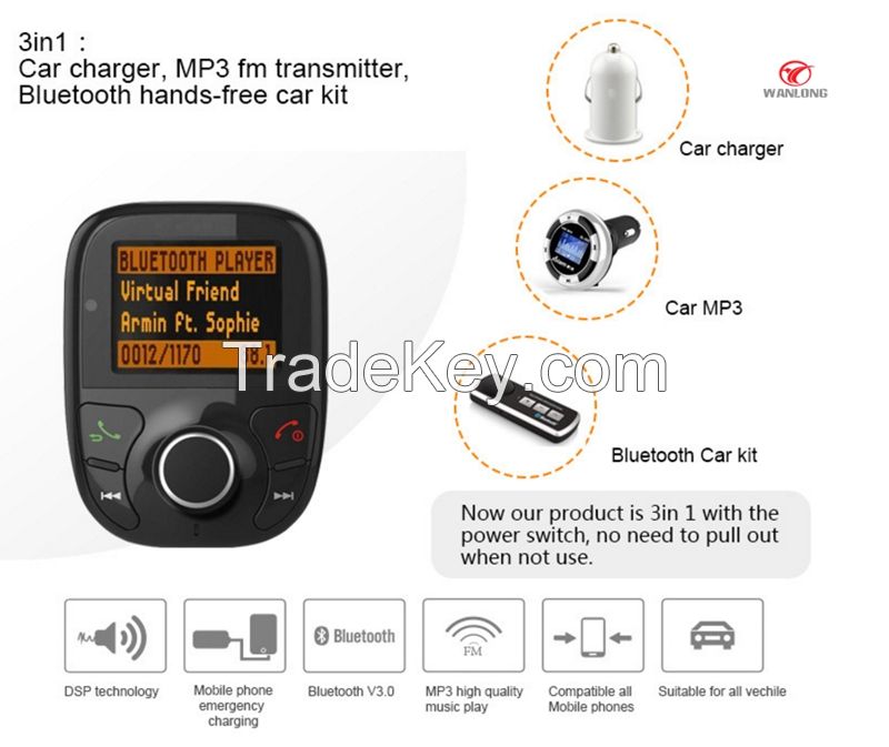 Bluetooth 3.0 Carkit LD002 MP3 player Car Charger with FM transmitter support micro SD card and USB disk Bluetooth Handsfree carkit