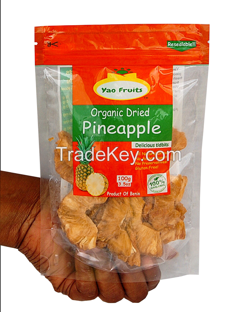 Yao's organic dried pineapple, 100g pouches.