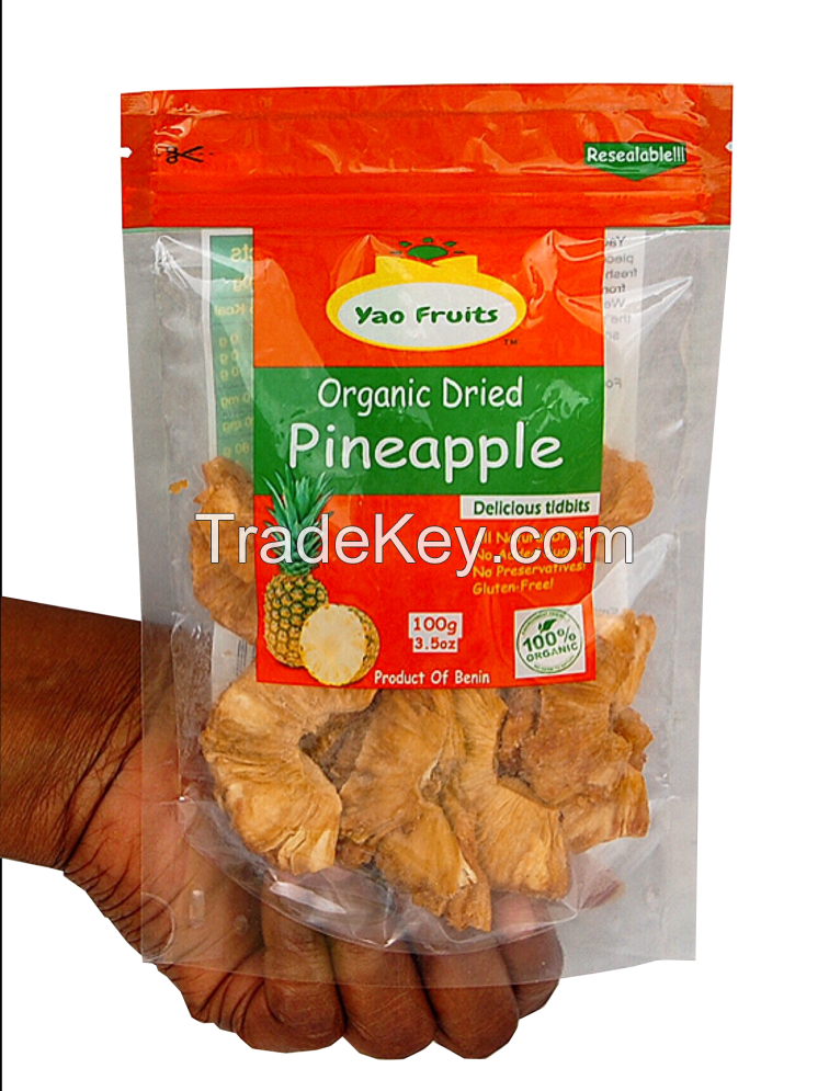 Yao's Organic Dried Pineapple, 100g Pouches.