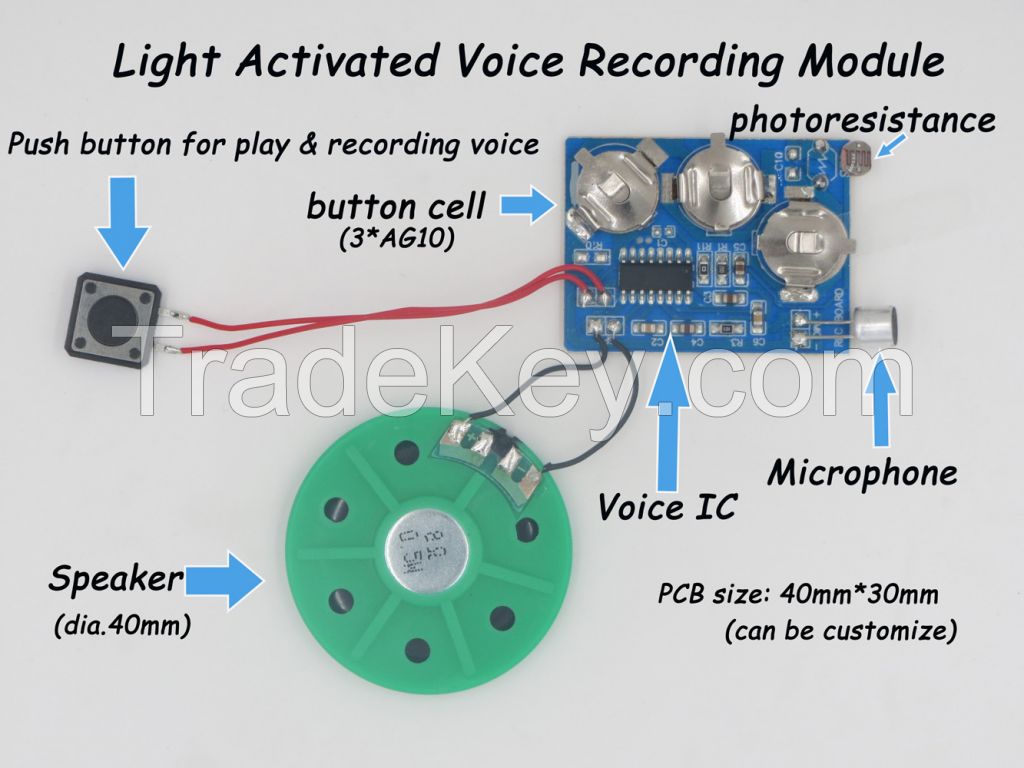 Mini voice recording module with light activated &amp;amp; push play style for greeting card, gift packing box and plush toy