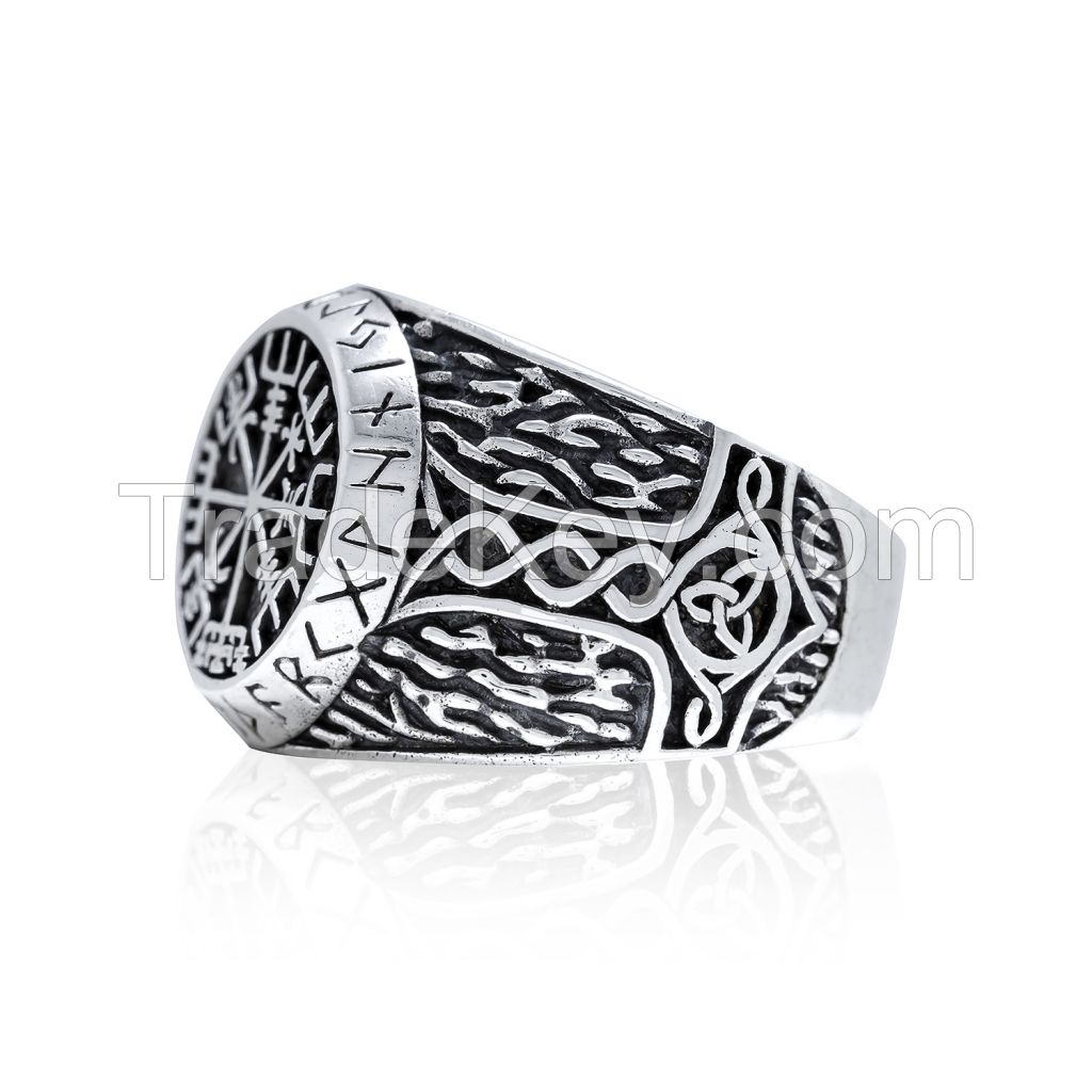 925 Sterling Silver Viking Vegvisir Runes Futhark Thor Hammer Mjolnir Ring