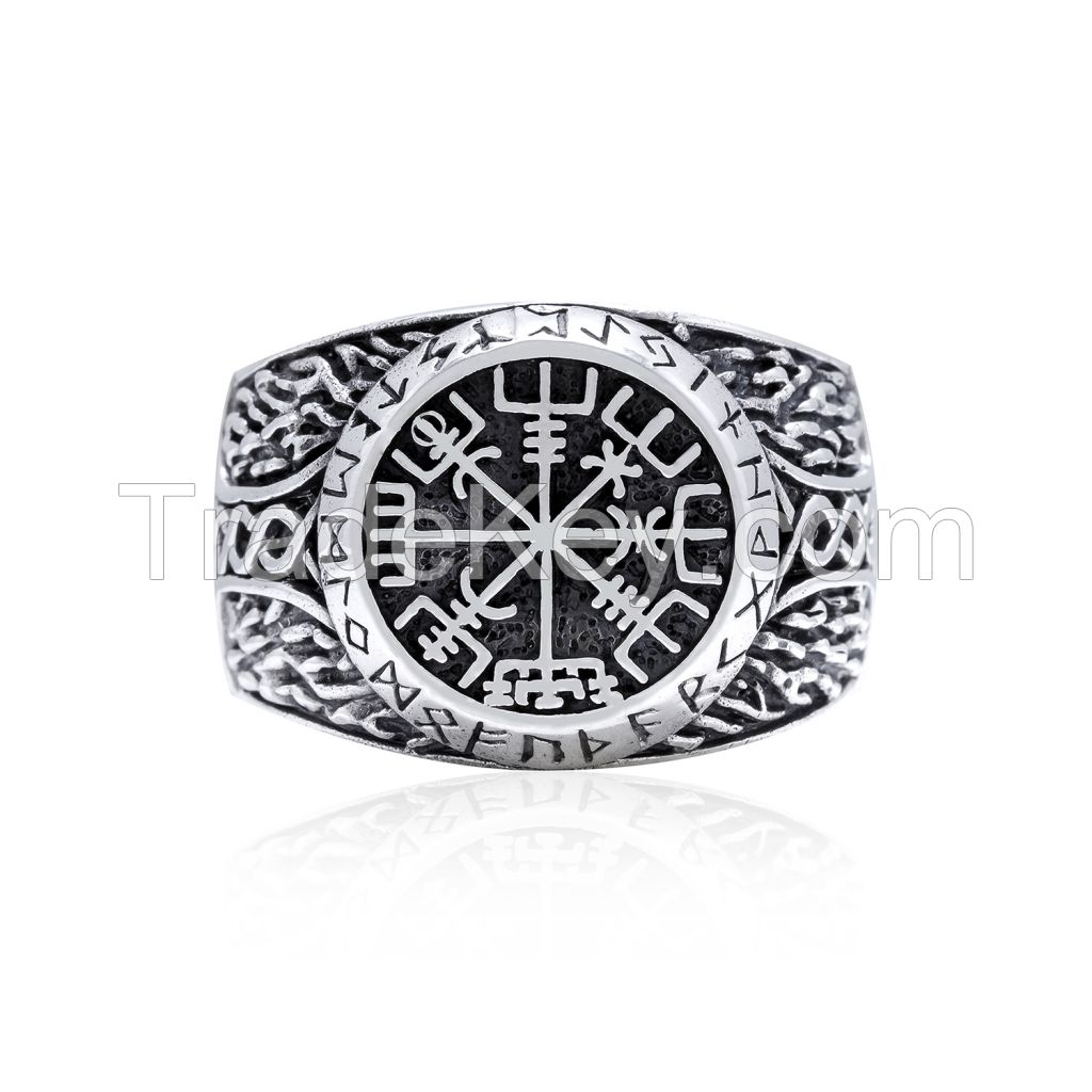 925 Sterling Silver Viking Vegvisir Runes Futhark Thor Hammer Mjolnir Ring