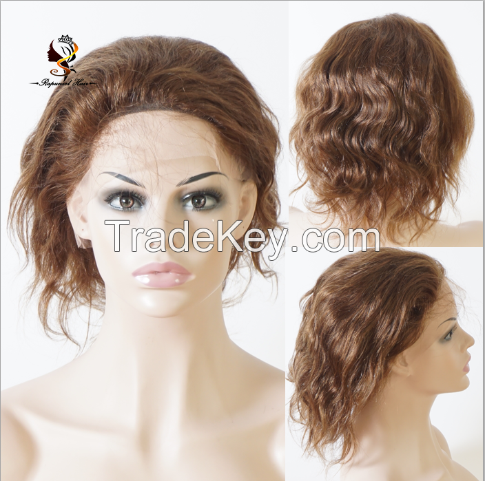 Top quality cheap brazilian human hair short wig8" no tangle no shedding medium brown #4 body wave full lace wig