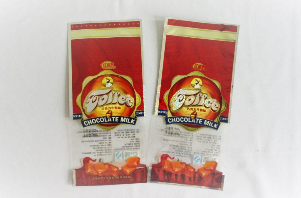 Toffee, chocolate milk candy packaging holographic finishing stand up pouch