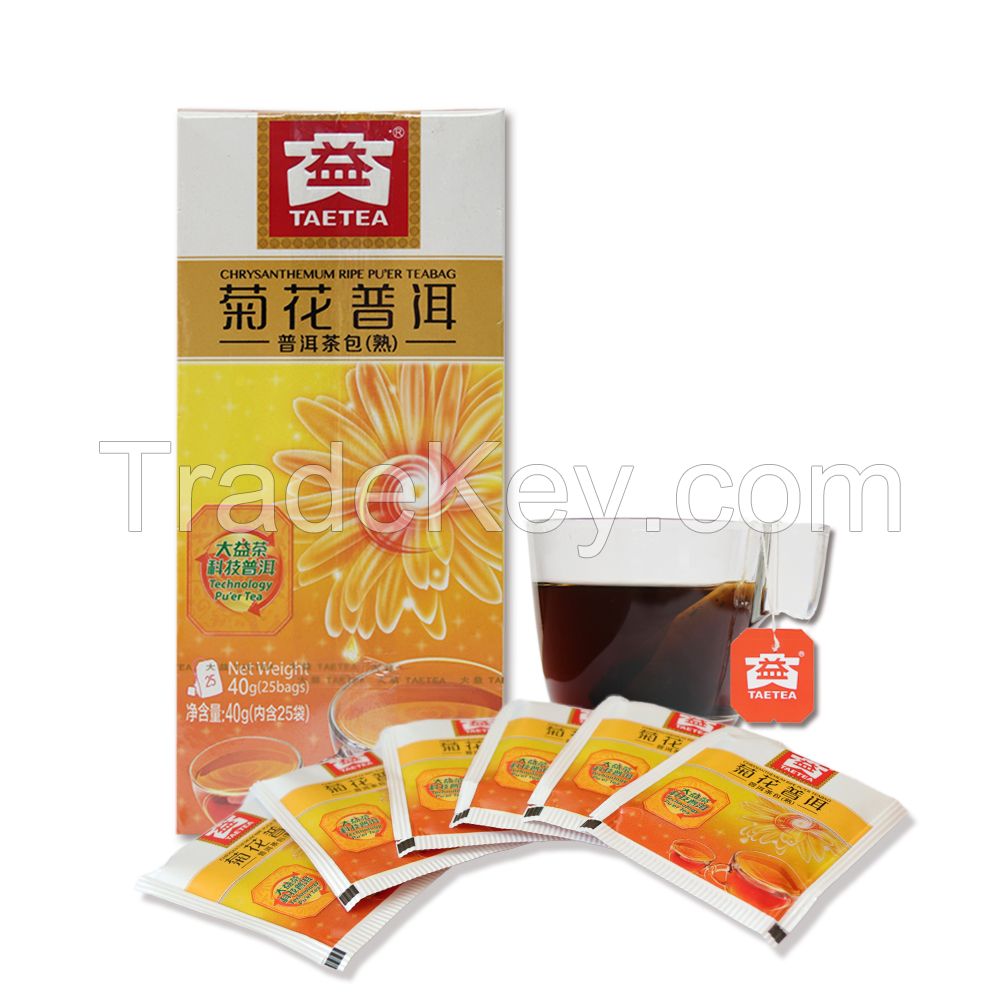 TAE TEA Natural Decaffeinated Chrysanthemum Pu erh Herbal Tea Floral Tea - Fermented Tea Bags, Full Leaf Chinese Black Puâ��er Tea - 25 Count Individually Wrapped Tea Bags for Loose tea