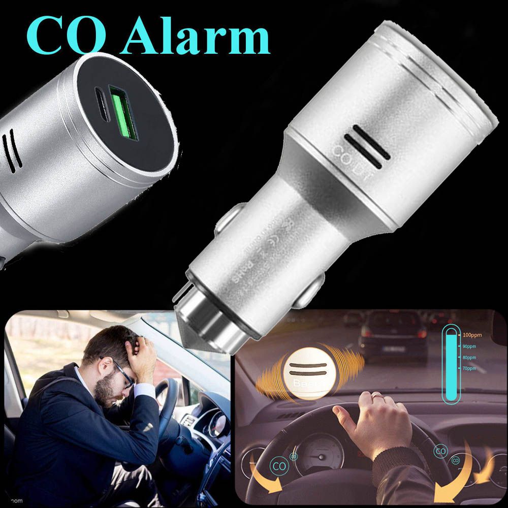 Multi-Function Car Carbon Monoxide Detector, Fast Car Charger, USB Type C &amp; Quick Charge 3.0 Dual ports Adapter, World's First CO Alarm Detector with Safety Emergency Escape Hammer