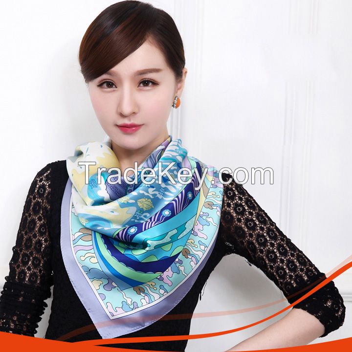 Wholesale Custom Flowers Print Square Scarf Stewardess Silk Scarf