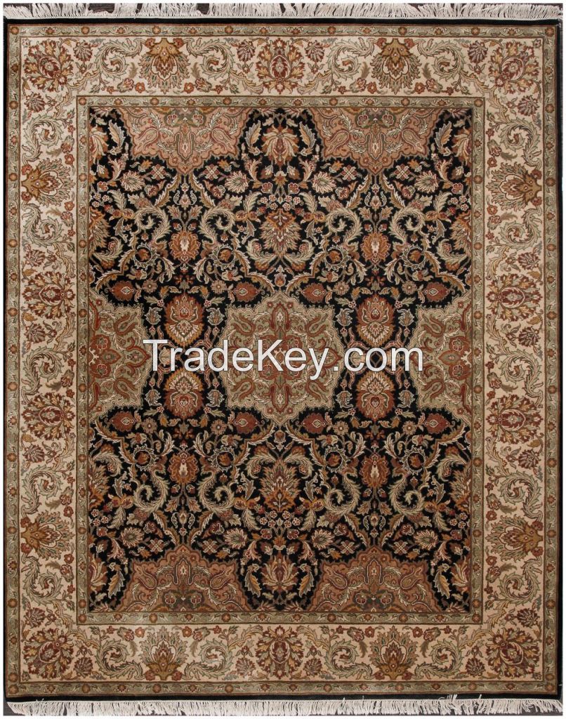 Agra Persian Floral Black Beige Hand Knotted Wool Rug