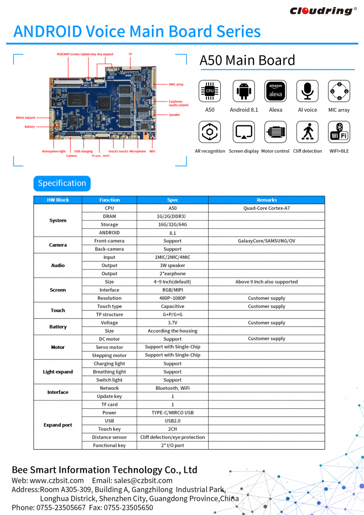 A50 Android AI Main Board Android 8.1 4MIC array Audio input/output