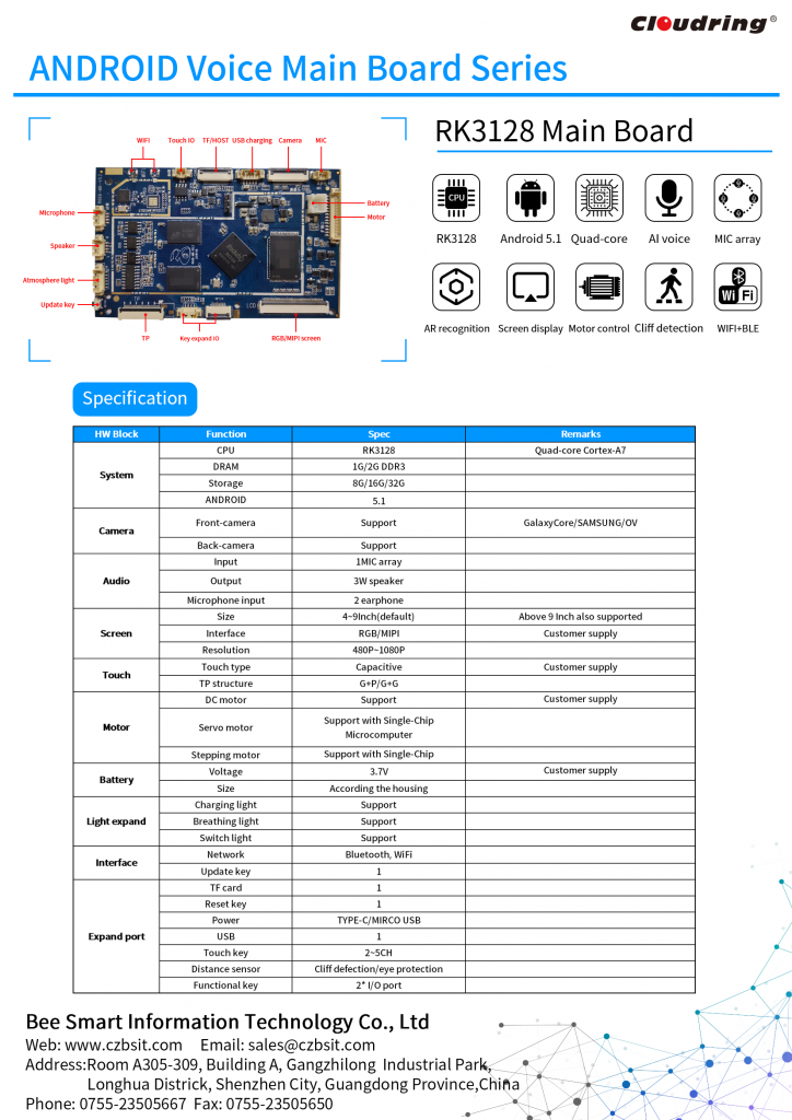 RK3128 Android AI Main Board for Robot/HIFI speaker/advertising machine/OTT
