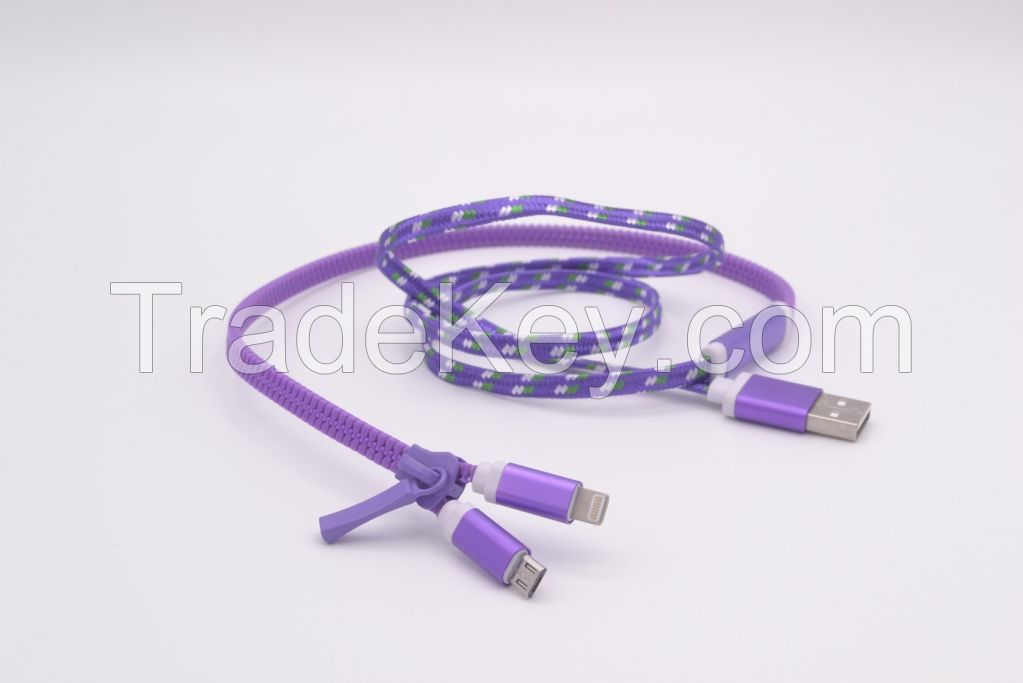 Zipper Style USB Cable (2 plugs in 1 cable)(Apple and Android)