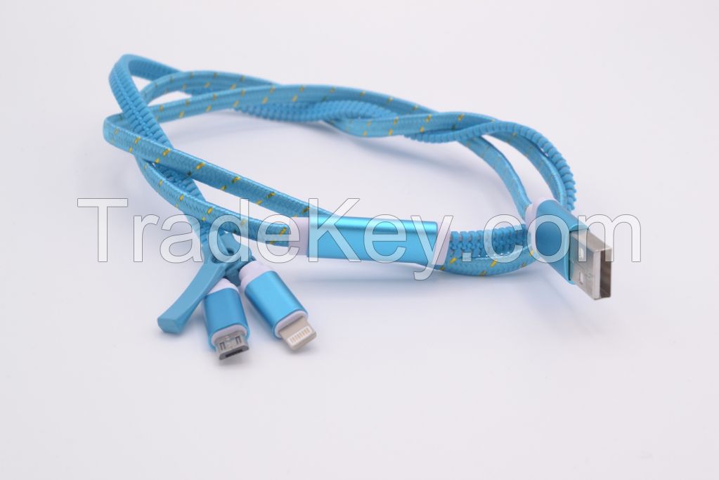 Zipper Style USB Cable (2 plugs in 1 cable)(Apple and Android)