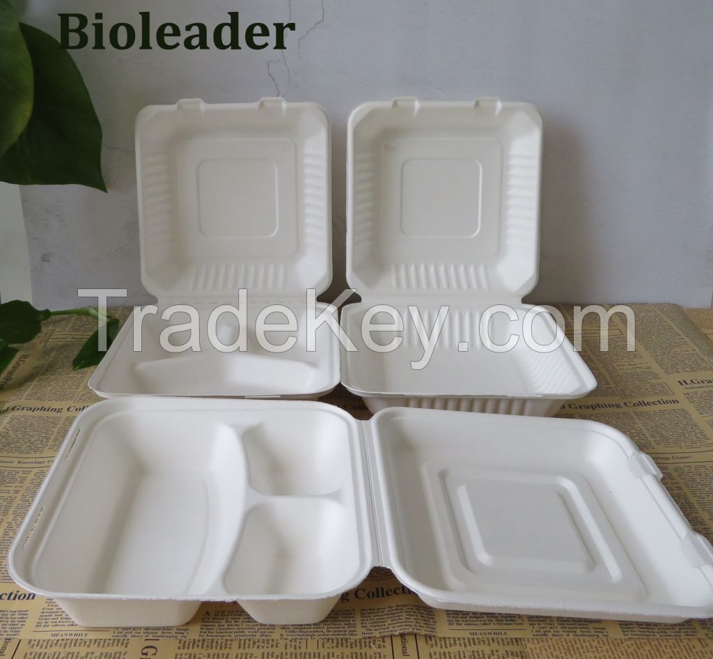 Biodegradable Sugarcane Bagasse Box Clamshell--8&quot; x 6&quot; 2-C Hinged Container