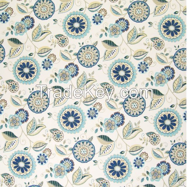 Polar Blue Blue Teal Floral Print Cotton Upholstery Fabric, Continous Yard