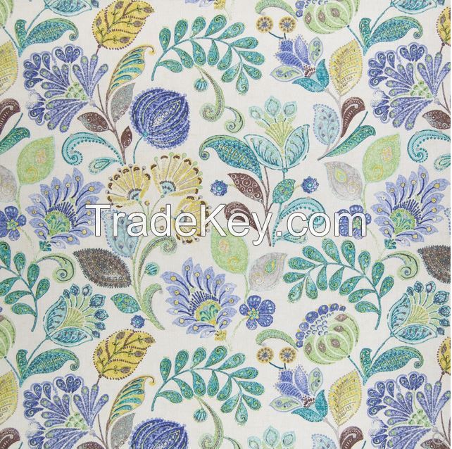 Island Blue Purple Teal Floral Cotton Upholstery Fabric, 1 Yard