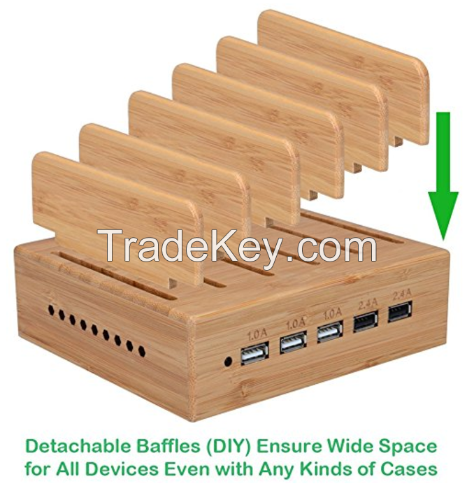 Yisen Wood Bamboo 5 Ports Dock Station for IOS Android Smart Phone and Tablet