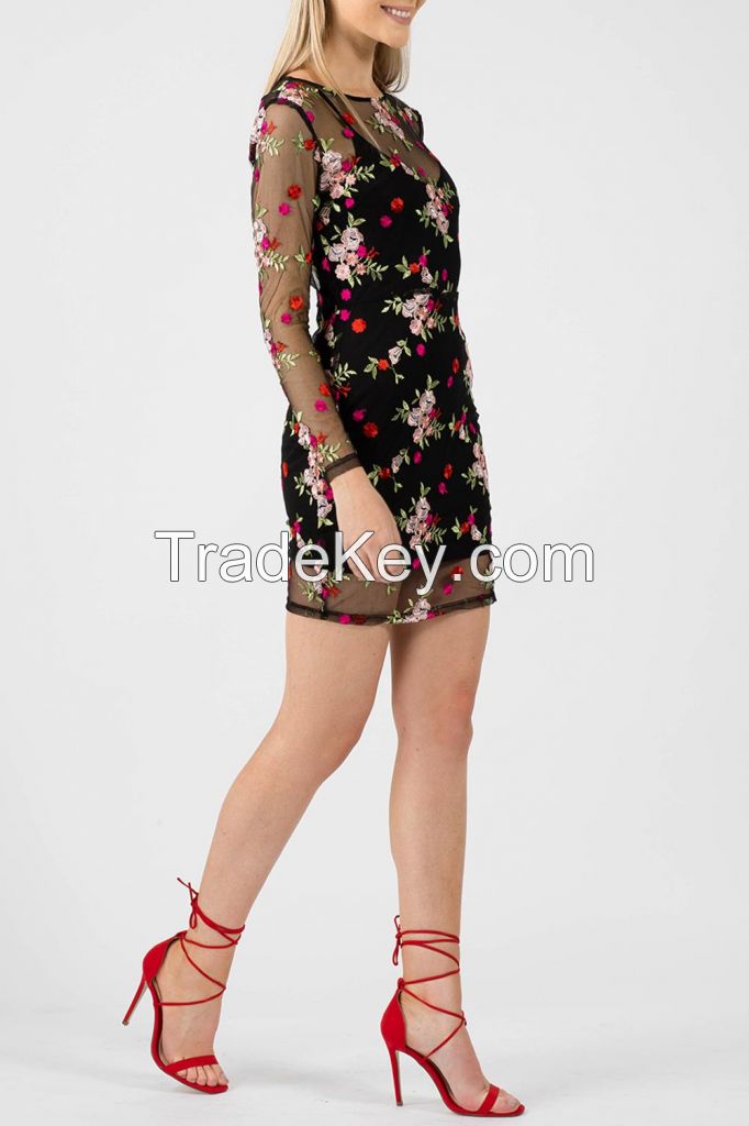       Embroidered Floral Mesh Bodycon Dress