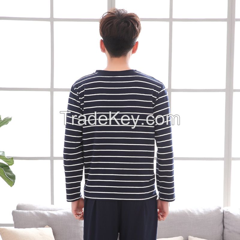 Lovers pajamas in autumn long sleeved cotton Korean version of simple striped men's suit