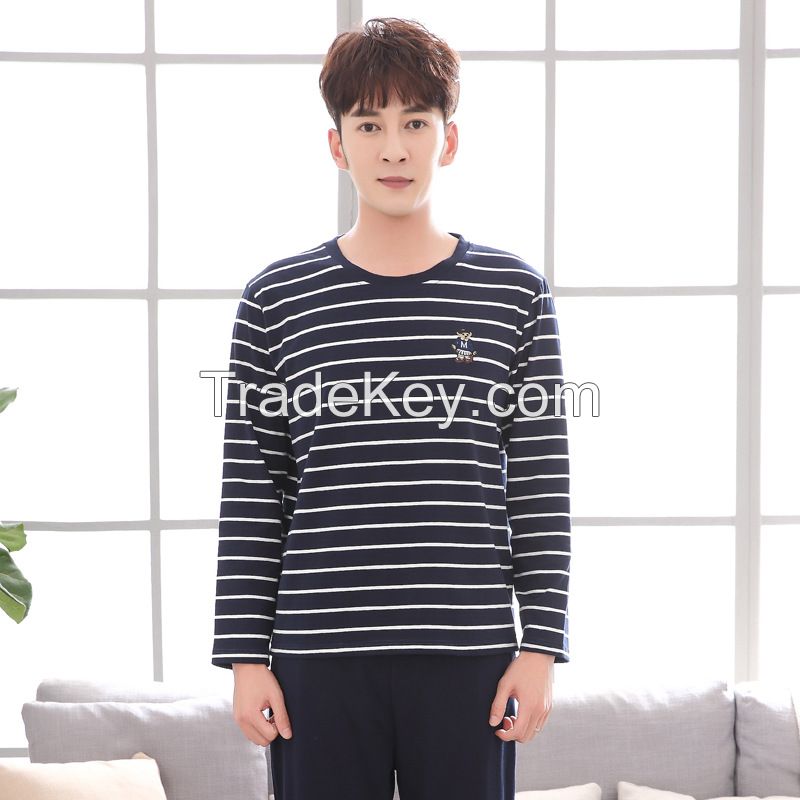 Lovers pajamas in autumn long sleeved cotton Korean version of simple striped men's suit