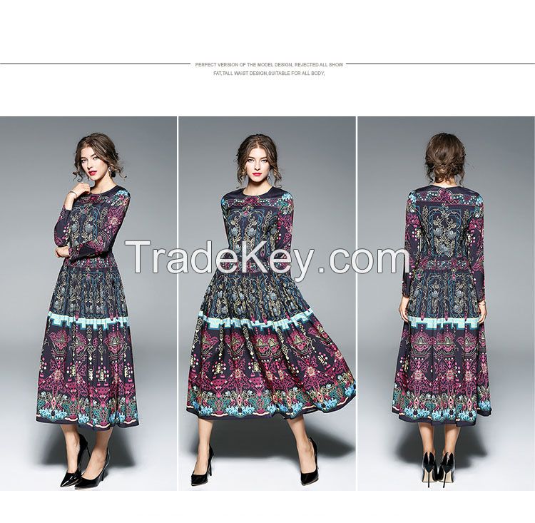 Hot selling autumn winter bursting women's clothing long sleeved hundred fold printed old dress dress