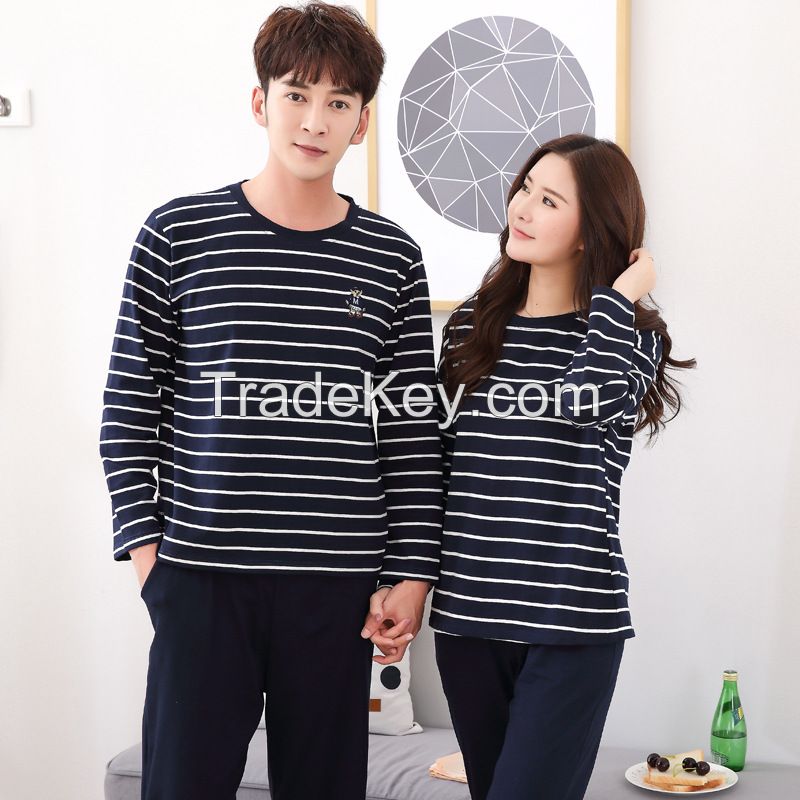 Lovers pajamas in autumn long sleeved cotton Korean version of simple striped men's suit