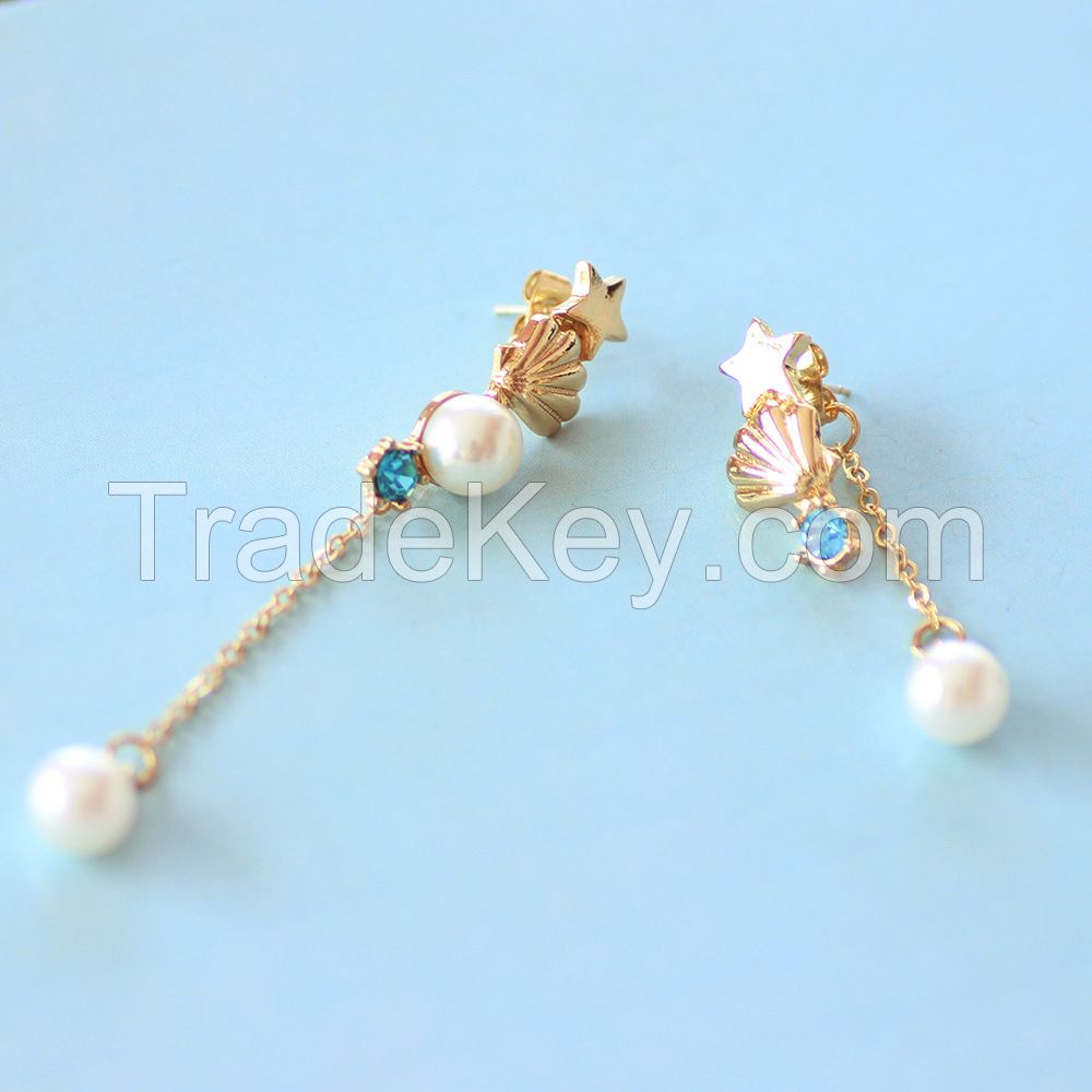 Long model 925 silver needle asymmetric star earrings earrings with pearl earring