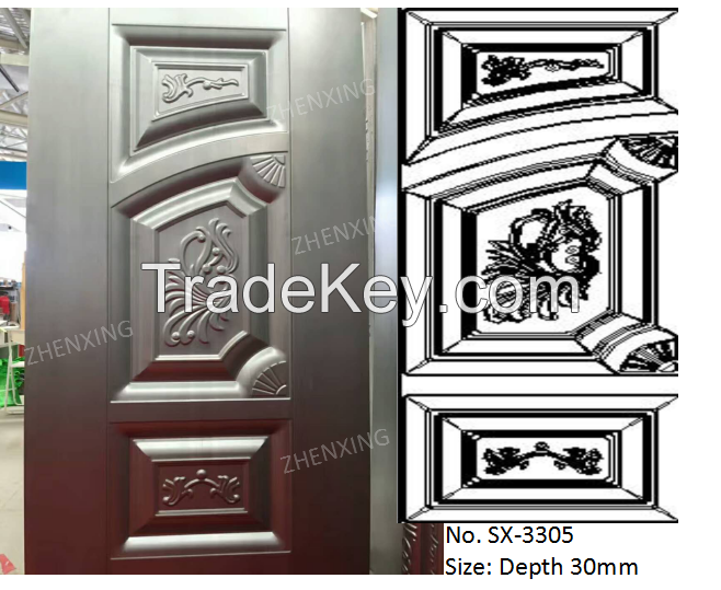 Molded steel panel door skin; embossed steel door skin