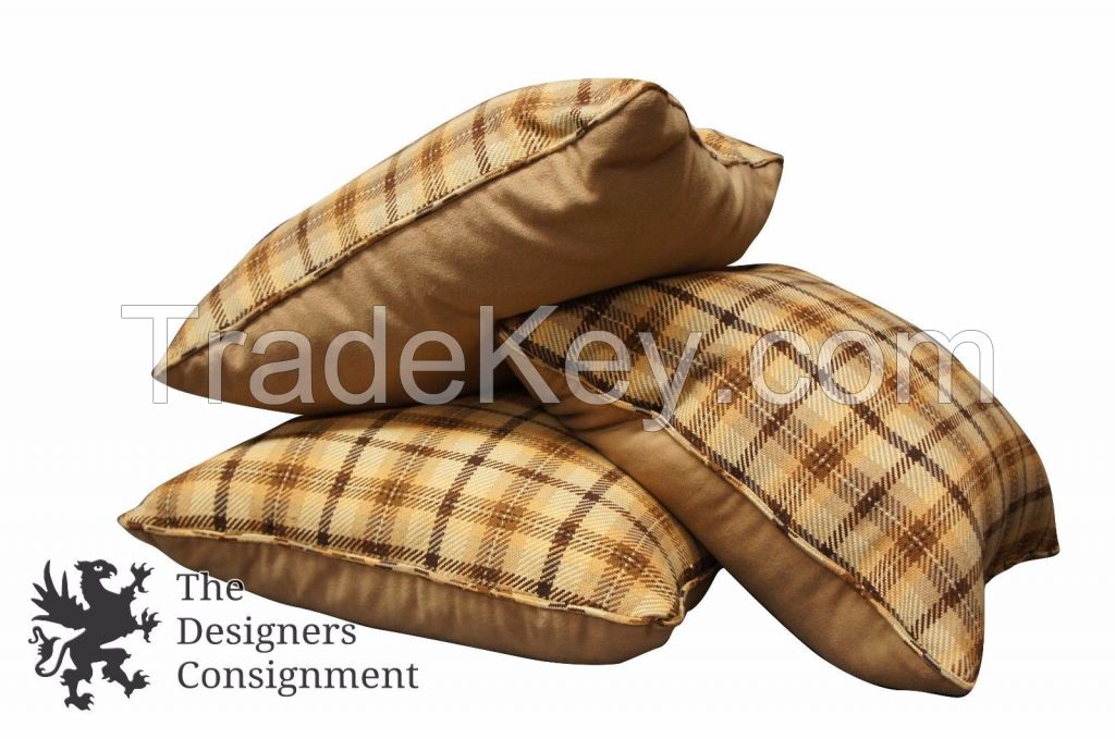 3 Brown Yellow & Gold Down Filled Plaid Designer Pillows