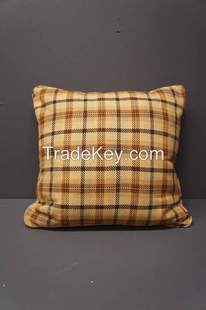 3 Brown Yellow & Gold Down Filled Plaid Designer Pillows