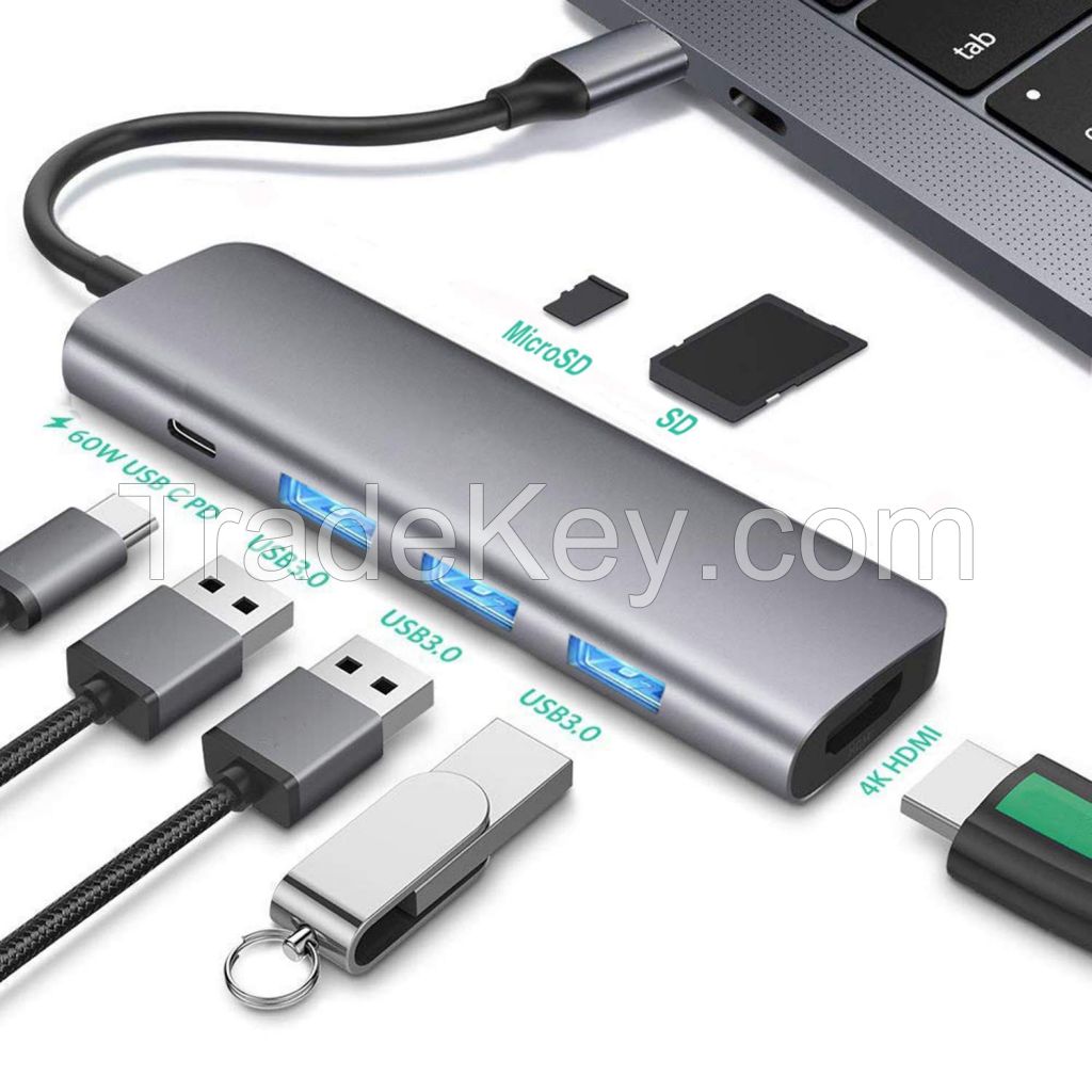 USB C Hub 7-in-1 Type C Adapter with 4K HDMI, 60W Power Delivery, 3 USB 3.0, SD/Micro Card Reader