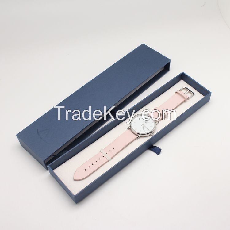 High quality fashion Long blue paper watch box with ribbo