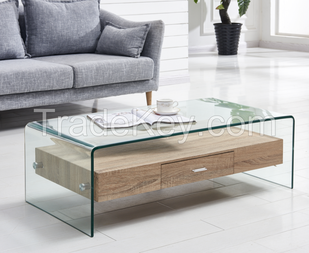 Modern Design Tempered Glass Top and MDF Drawer Coffee tables