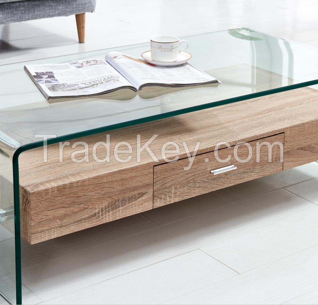 Modern Design Tempered Glass Top and MDF Drawer Coffee tables