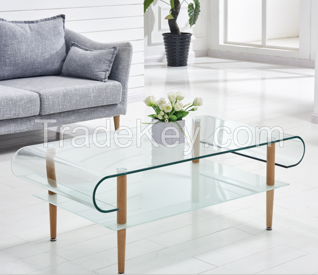 Elegent Designed Hot Bending Glass Top with Wooden Legs Coffee Tables