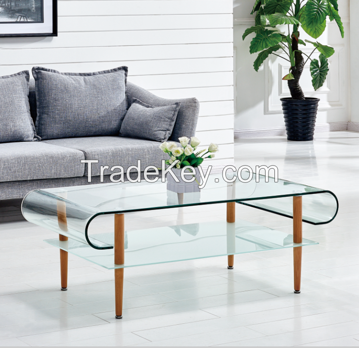Elegent Designed Hot Bending Glass Top with Wooden Legs Coffee Tables
