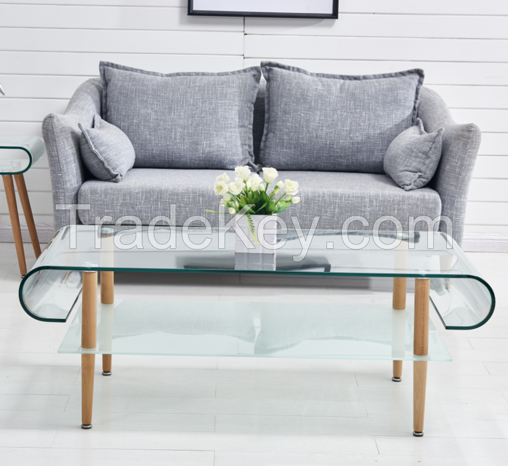 Elegent Designed Hot Bending Glass Top with Wooden Legs Coffee Tables