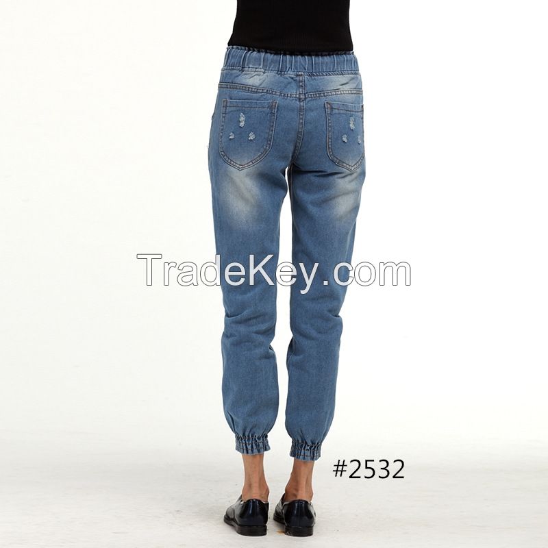 2017 top sale jeans with contrast elastic waistband plus size ripped destroy damaged distressed denim jeans woman jogger pants