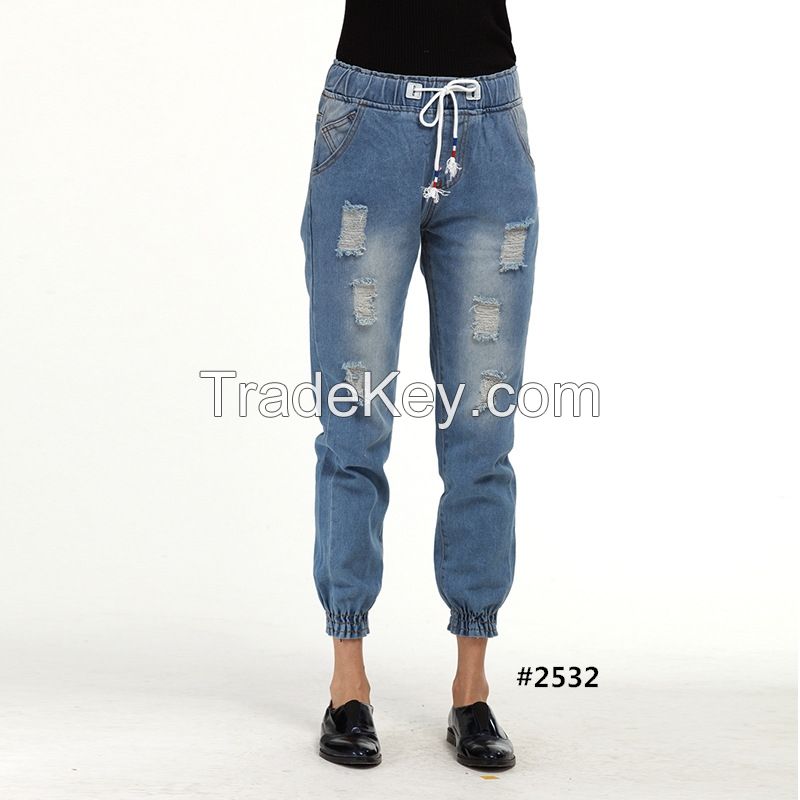 2017 top sale jeans with contrast elastic waistband plus size ripped destroy damaged distressed denim jeans woman jogger pants