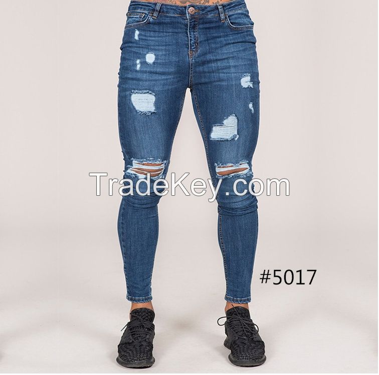 streetwear fancy stretch skinny grinding washed distressed men's jeans pants Guangzhou jeans markets ripped jeans men